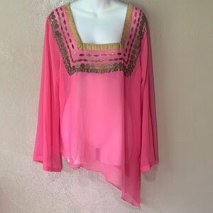 Ashro XL Hot Pink Sheer Tunic with Gold Trimmed Square Neck NWT